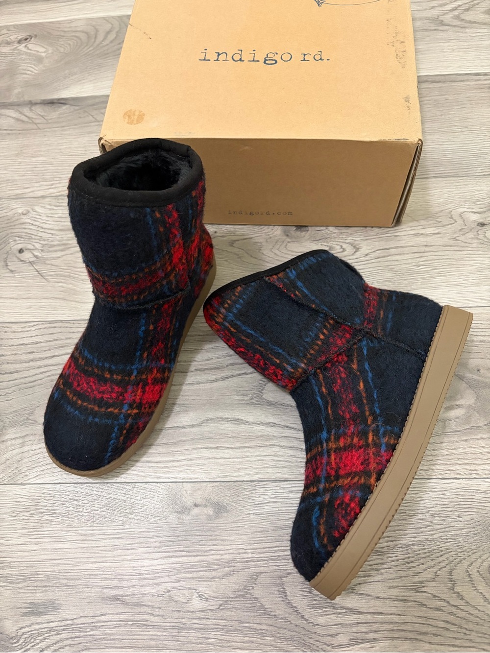 Indigo Plaid Faux-Fur Lined Winter Boots in Navy, Red & Blue